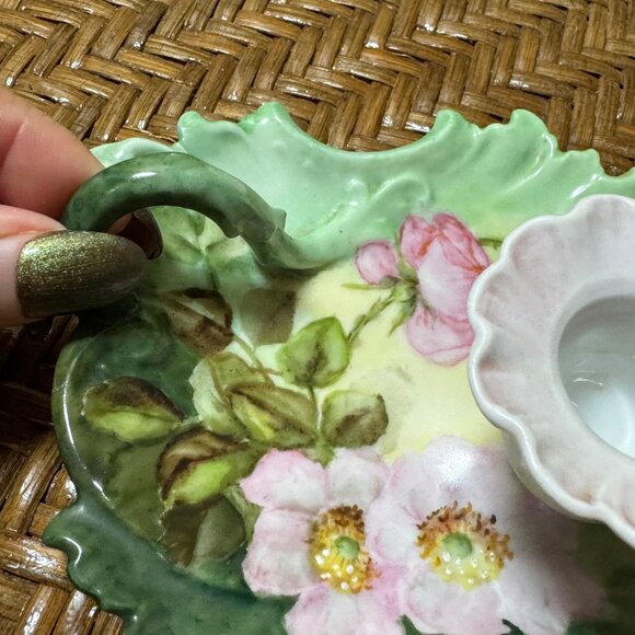 Vintage Hand Painted Porcelain Floral Leaf-Shaped Chamberstick Candle Holder - Picture 4 of 7